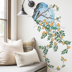 3D birds on branch with flowers wall sticker showing creative broken wall effect for living room