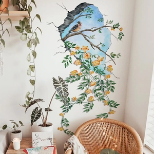 3D wall sticker with birds and flowers featuring a creative broken wall visual effect