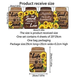 Set of 4 sunflower wall decals with Relax quotes on faux wood backgrounds, 20x29cm size
