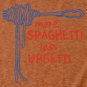 Close-up of more spaghetti less upsetti graphic print on terracotta cotton t-shirt