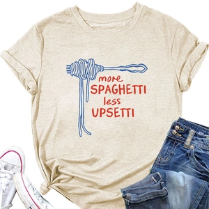 Detailed close-up of More Spaghetti Less Upsetti graphic on beige cotton T-shirt