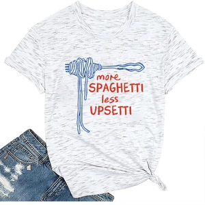 Detail of white cotton T-shirt with spaghetti graphic and creative quote text