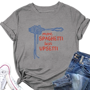 Detail of grey crewneck T-shirt with spaghetti print and casual knot detail at the hem