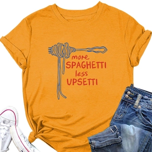 Detail of yellow cotton T-shirt featuring spaghetti graphic and fun typography print