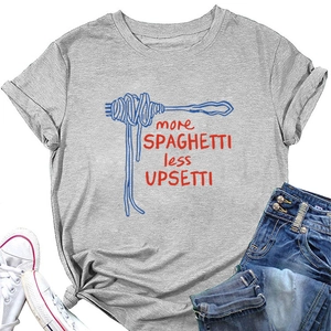 Flat lay of gray cotton T-shirt with spaghetti graphic and humorous slogan text