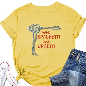 Flat lay of yellow cotton T-shirt with spaghetti graphic and creative printed typography