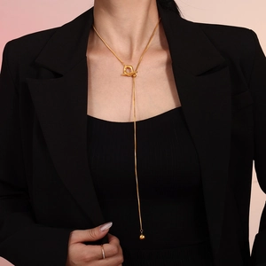 Collier Lariat Acier Inoxydable Fermoir Toggle Réglable Chaîne Serpent Pendentif Boule Géométrique Chic Minimaliste Pour Femme