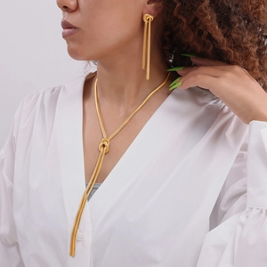 Elegant 18k gold plated stainless steel knot necklace and long tassel snake chain earrings set