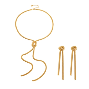Elegant 18k gold plated stainless steel knotted tassel snake chain necklace and earring set