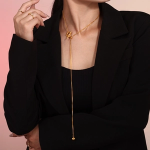 Collier lariat réglable en acier inoxydable doré avec fermoir OT et perles rondes