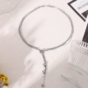 Multi-layer silver chain necklace with faux pearl tassels and OT toggle clasp