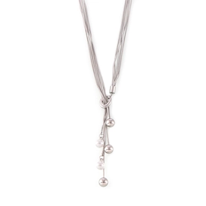 Multi-layer stainless steel Y-necklace with tassel fringe and imitation pearls on white background