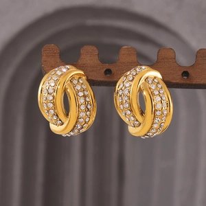 Vintage Twisted Hollow Stud Earrings Titanium Steel 18K Gold Plated Pavé Czech Diamond Rhinestone Elegant For Women