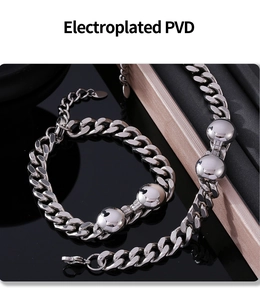 Detail of silver Cuban chain set featuring PVD electroplated stainless steel and beads
