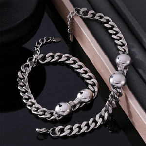 Silver stainless steel Cuban chain necklace and bracelet set with polished metal beads