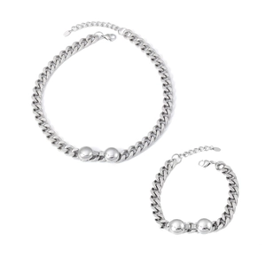Polished stainless steel Cuban link necklace and bracelet set with metal bead accents