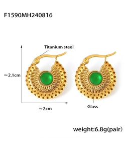 Détails de boucles d'oreilles vintage en verre vert et or avec dimensions et poids précis