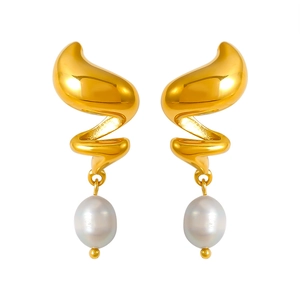 Orecchini vintage a spirale in acciaio placcato oro 18k con perle d'acqua dolce