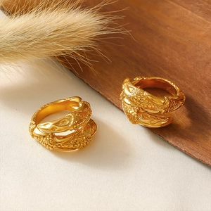 Vintage Stainless Steel Open Ring For Women With 18K Gold Plated Dragon Scale Texture Carved Animal Head Punk Jewelry