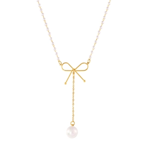 Collier ras de cou en perles avec pendentif nœud doré en acier inoxydable élégant