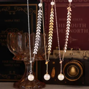French Elegant Wheat Ear Artificial Pearl Pendant Necklace Titanium Steel 18K Gold Plated Leaf Y-Shaped Clavicle Chain For Women Jewelry
