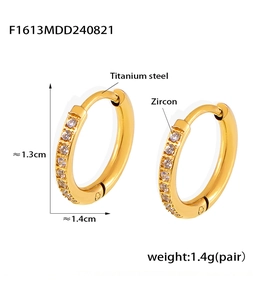 Detail view of 1.3cm gold titanium steel hoop earrings with clear zircon measurements