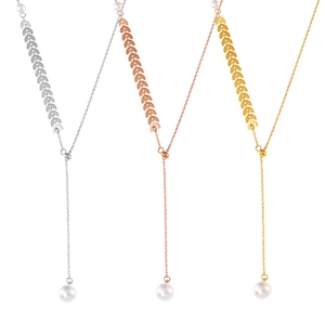 Elegant 18k gold plated wheat leaf necklaces with pearl pendants in gold silver and rose gold