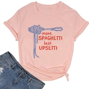 Pink T-shirt detail featuring knot hem and 'more SPAGHETTI less UPSETTI' graphic print