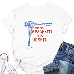 Flat lay of white cotton T-shirt featuring More Spaghetti Less Upsetti graphic and jeans