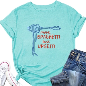 Flat lay of blue cotton t-shirt with fork spaghetti print and funny slogan design
