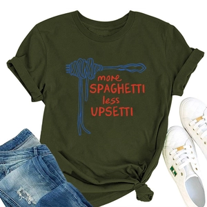 Detail of olive green t-shirt with More Spaghetti Less Upsetti graphic and soft cotton texture