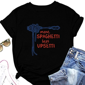 Flat lay of black cotton T-shirt with More Spaghetti Less Upsetti graphic and jeans