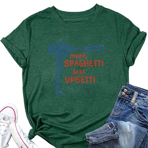 Macro shot of more spaghetti less upsetti graphic print on dark green cotton T-shirt