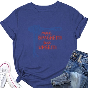 Navy crew neck T-shirt featuring 'more spaghetti' slogan with shorts and sneakers