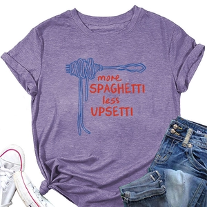 Flat lay of heather purple T-shirt with spaghetti print and creative letter design
