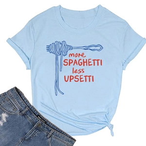 Close-up of spaghetti print and more spaghetti less upsetti slogan on blue cotton t-shirt