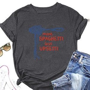 Flat lay of grey cotton T-shirt with More Spaghetti Less Upsetti slogan and accessories
