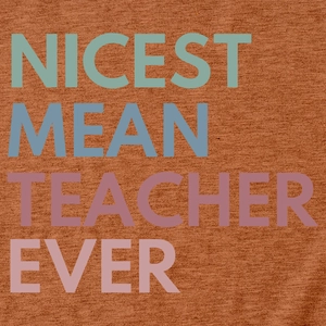 Close-up of Nicest Mean Teacher Ever print on heather orange casual cotton T-shirt