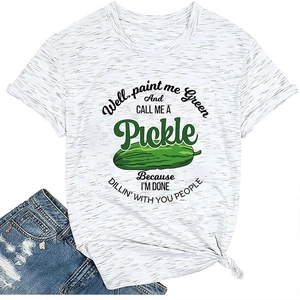 Close-up of the humor pickle print and fabric texture on gray cotton T-shirt