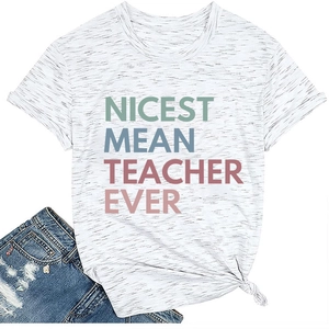 Detail of Heather White T-shirt with 'Nicest Mean Teacher' print and knotted hem