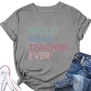 Detail of grey Nicest Mean Teacher Ever cotton t-shirt with creative letter print
