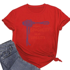 Detail of red spaghetti print cotton T-shirt with stylish front knot hem and graphic text