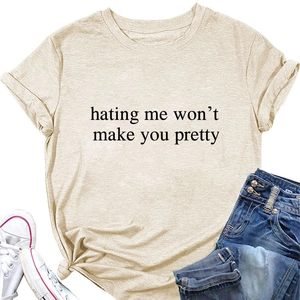 Detail of cotton crewneck t-shirt featuring 'hating me won't make you pretty' print