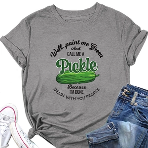 Flat lay of gray cotton t-shirt with pickle graphic and humorous text quote detail