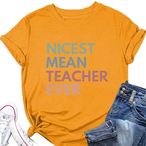 Detail of Nicest Mean Teacher Ever print on a casual orange short sleeve cotton t-shirt