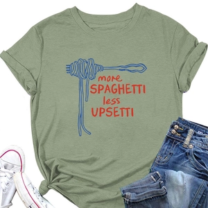 Flat lay of olive green cotton T-shirt with 'more spaghetti less upsetti' slogan and fork graphic