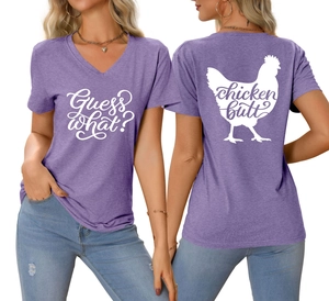 T-shirt violet à col en V pour femme avec motifs amusants Guess What et Chicken Butt