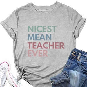 Detail of grey Nicest Mean Teacher Ever cotton t-shirt with casual styling accessories
