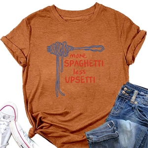 Burnt orange cotton T-shirt featuring spaghetti graphic and fun text with denim shorts