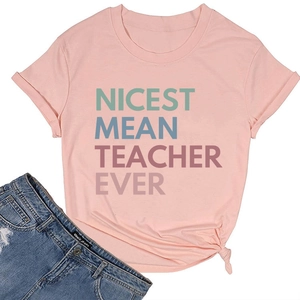 Detail of pink cotton T-shirt featuring Nicest Mean Teacher Ever print with side knot